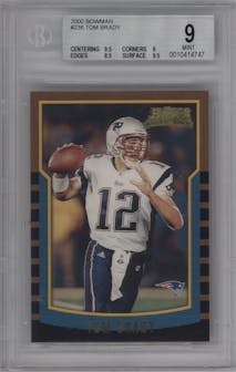 Tom Brady from the 2000 Bowman set graded by Beckett and given an overall grade of 9.