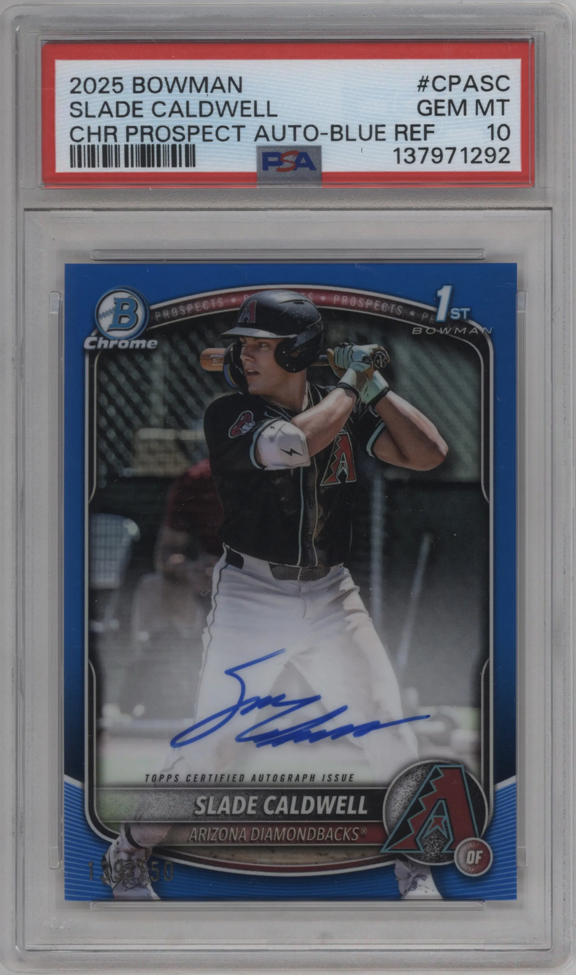 2025 Bowman Chr.Pros.AU Slade Caldwell Blue Refractor #CPA-SC PSA 10