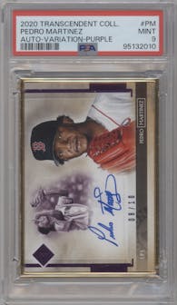 Pedro Martinez from the 2020 Topps Transcendent Collection set featuring a Purple parallel graded by PSA and given an overall grade of 9.