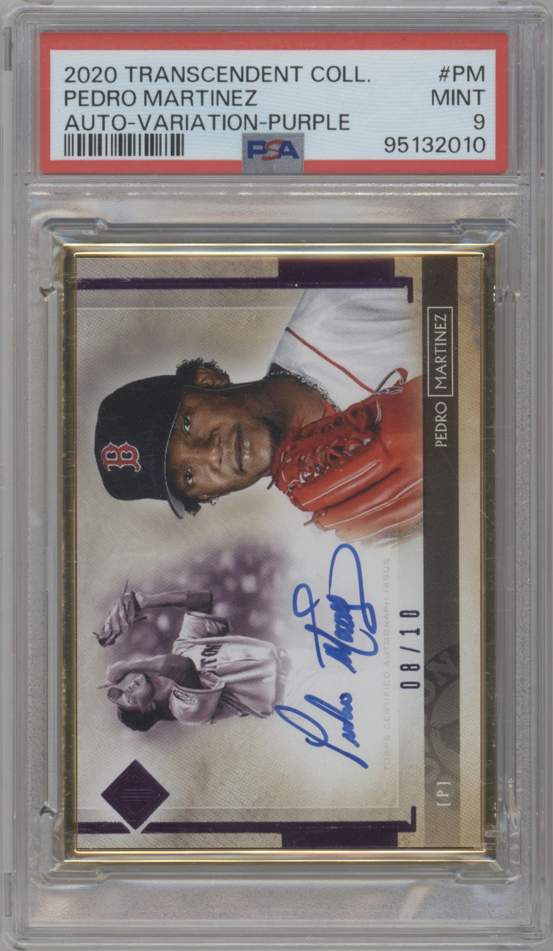 Pedro Martinez from the 2020 Topps Transcendent Collection set featuring a Purple parallel graded by PSA and given an overall grade of 9.