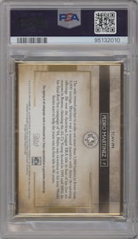 Pedro Martinez from the 2020 Topps Transcendent Collection set featuring a Purple parallel graded by PSA and given an overall grade of 9.