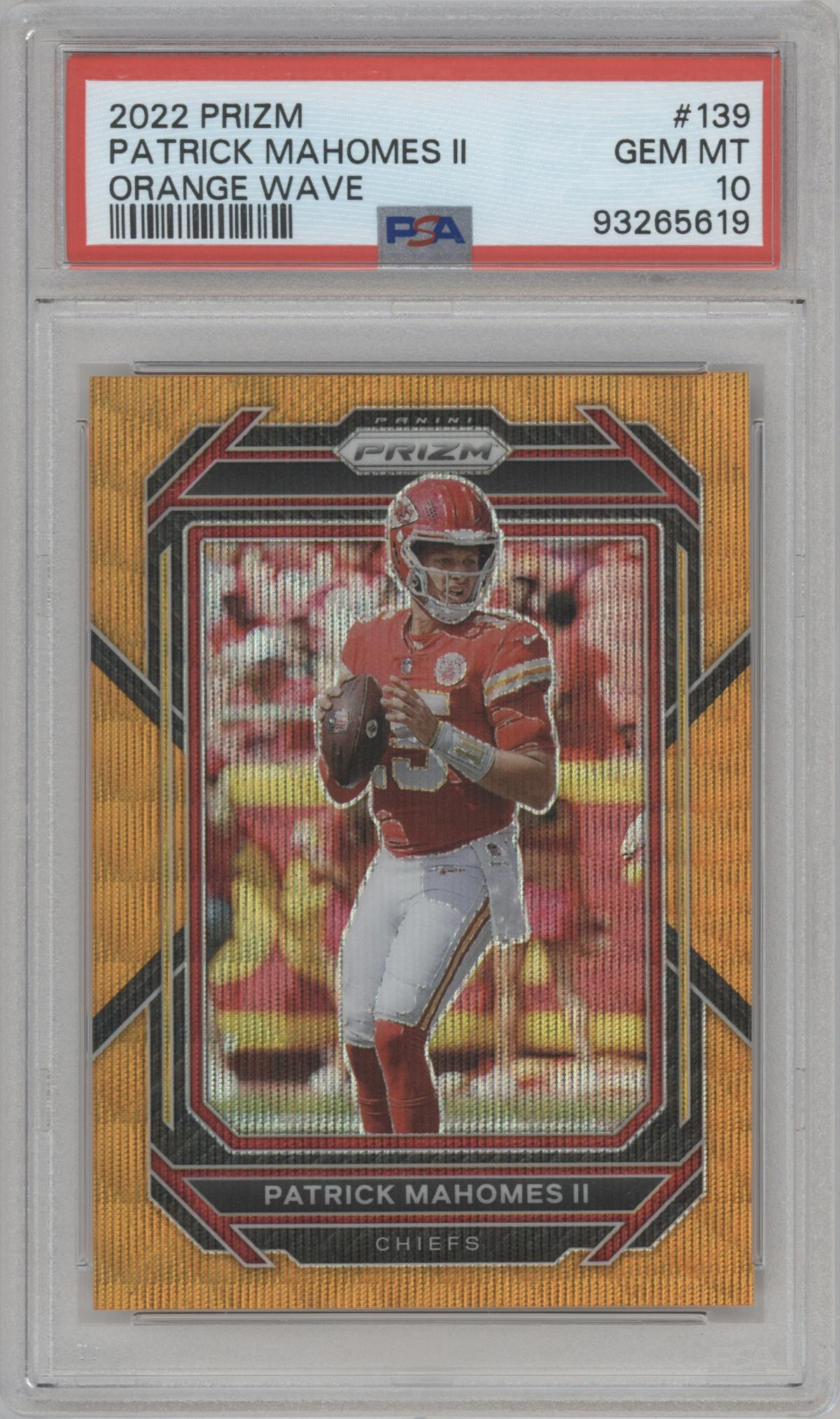 Patrick Mahomes II from the 2022 Panini Prizm set featuring a Orange Wave parallel graded by PSA and given an overall grade of 10.