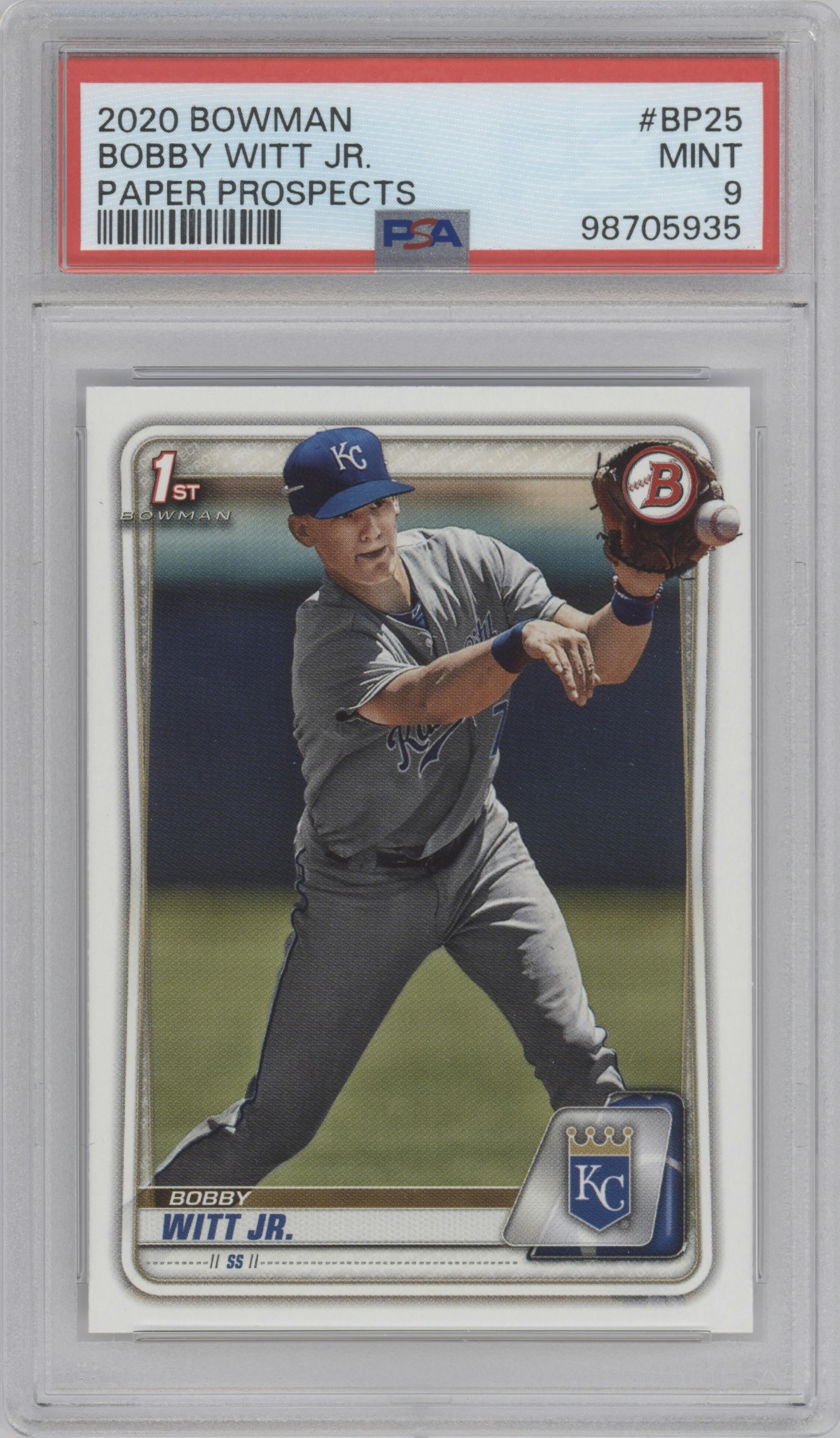 Bobby Witt Jr. from the 2020 Bowman set graded by PSA and given an overall grade of 9.