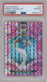 Brian Thomas Jr. from the 2024 Panini Mosaic set featuring a Pink Camo parallel graded by PSA and given an overall grade of 10.