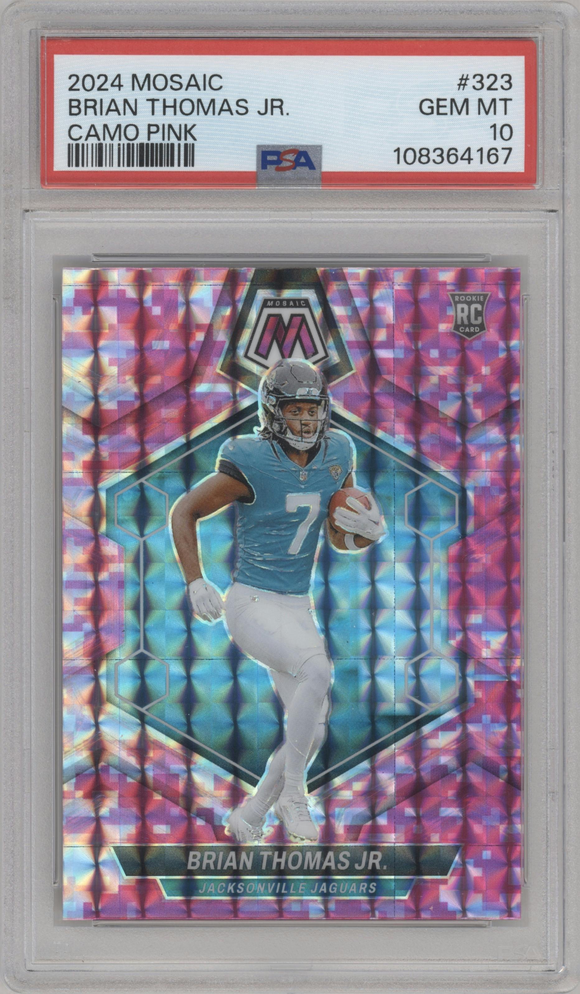Brian Thomas Jr. from the 2024 Panini Mosaic set featuring a Pink Camo parallel graded by PSA and given an overall grade of 10.