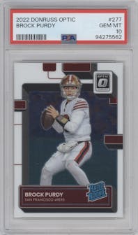 Brock Purdy from the 2022 Panini Donruss Optic set graded by PSA and given an overall grade of 10.