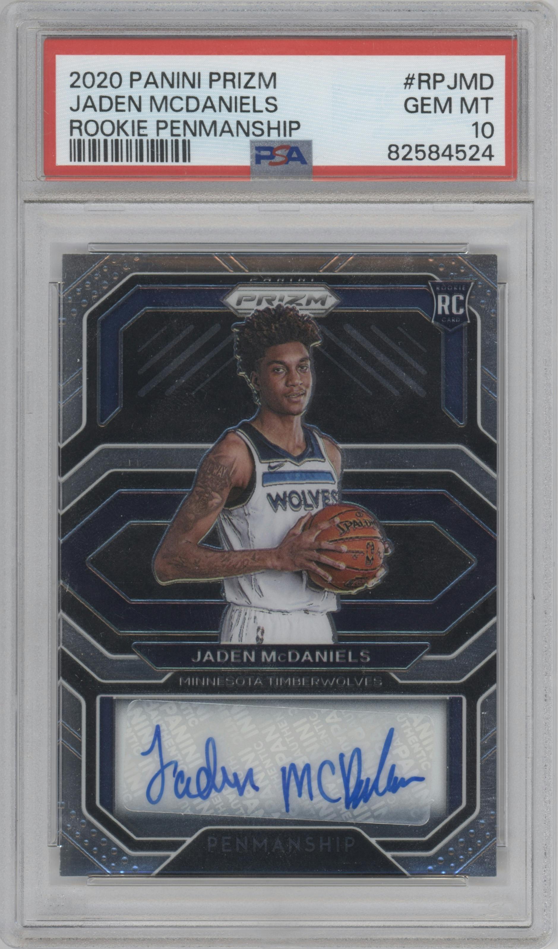 Jaden McDaniels from the 2020-21 Panini Prizm set graded by PSA and given an overall grade of 10.