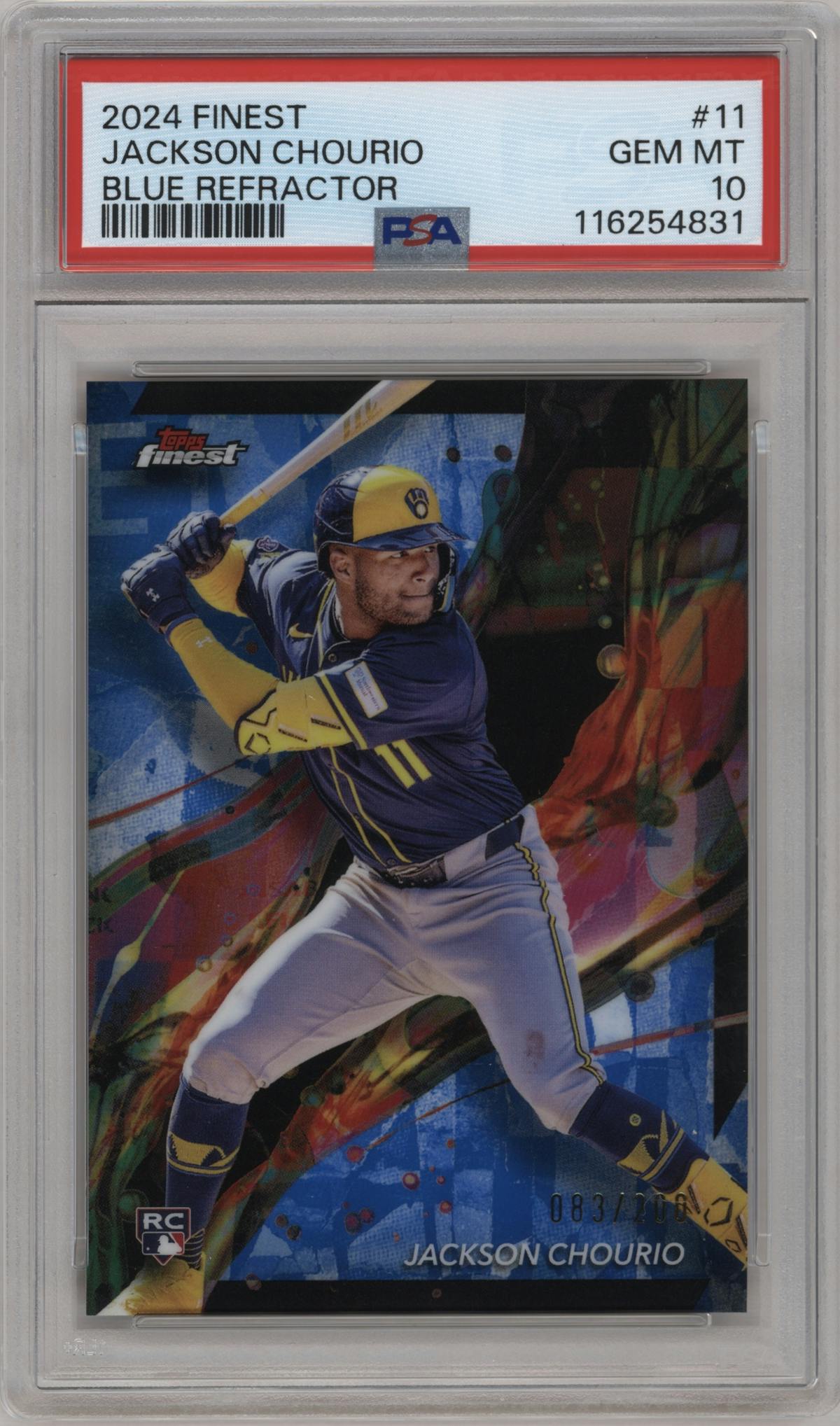 Jackson Chourio from the 2024 Topps Finest set featuring a Blue Refractor parallel graded by PSA and given an overall grade of 10.