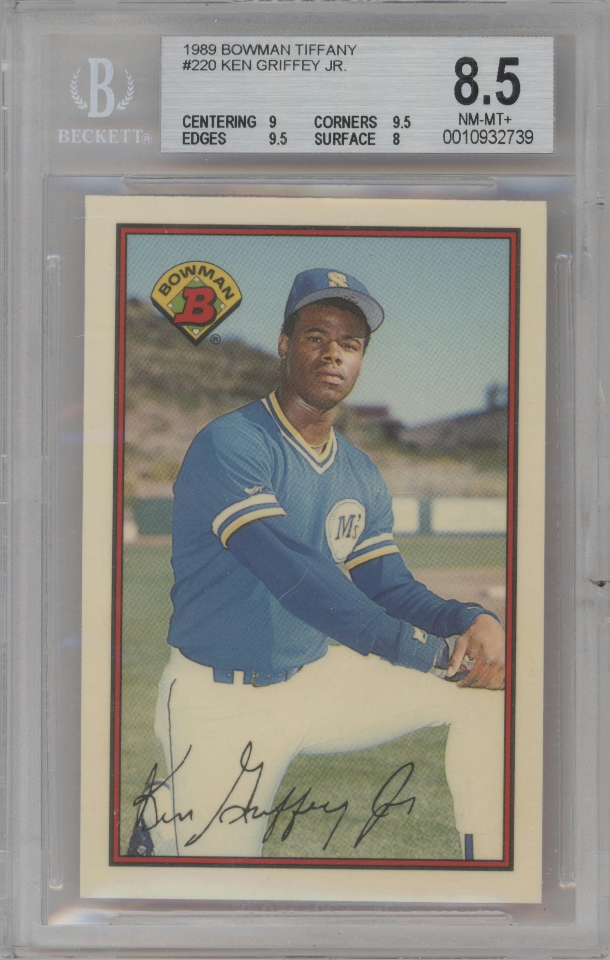 Ken Griffey Jr. from the 1989 Bowman set featuring a Tiffany parallel graded by Beckett and given an overall grade of 8.5.