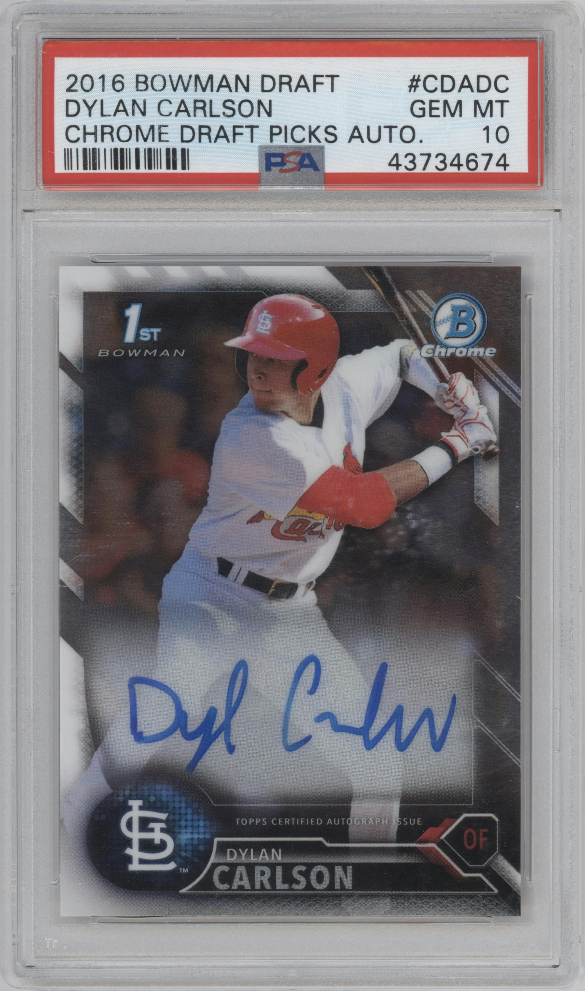 Dylan Carlson from the 2016 Bowman Draft set graded by PSA and given an overall grade of 10.