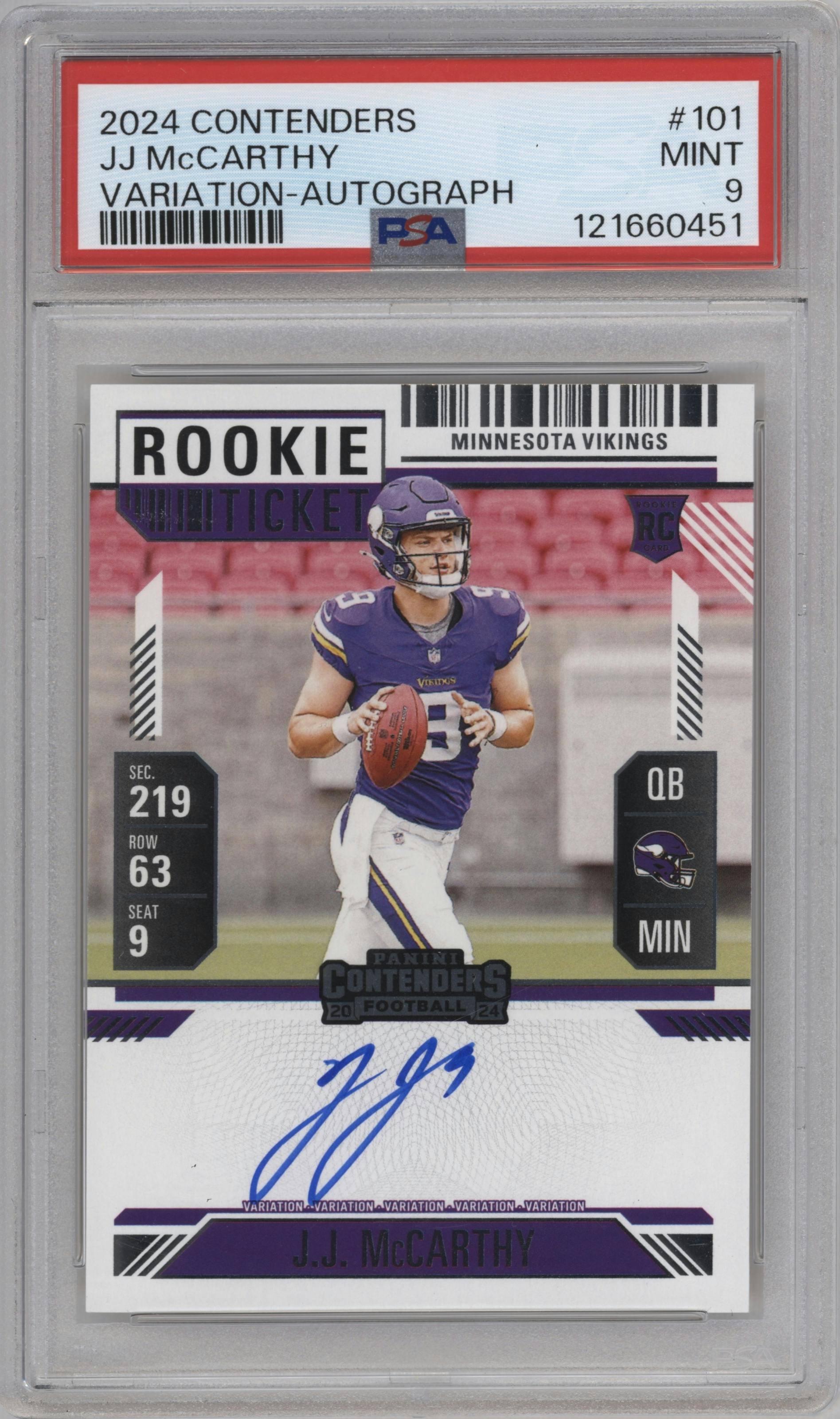 J.J. McCarthy from the 2024 Panini Contenders set graded by PSA and given an overall grade of 9.