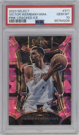 Victor Wembanyama from the 2023-24 Panini Select  set featuring a Pink Cracked Ice parallel graded by PSA and given an overall grade of 10.