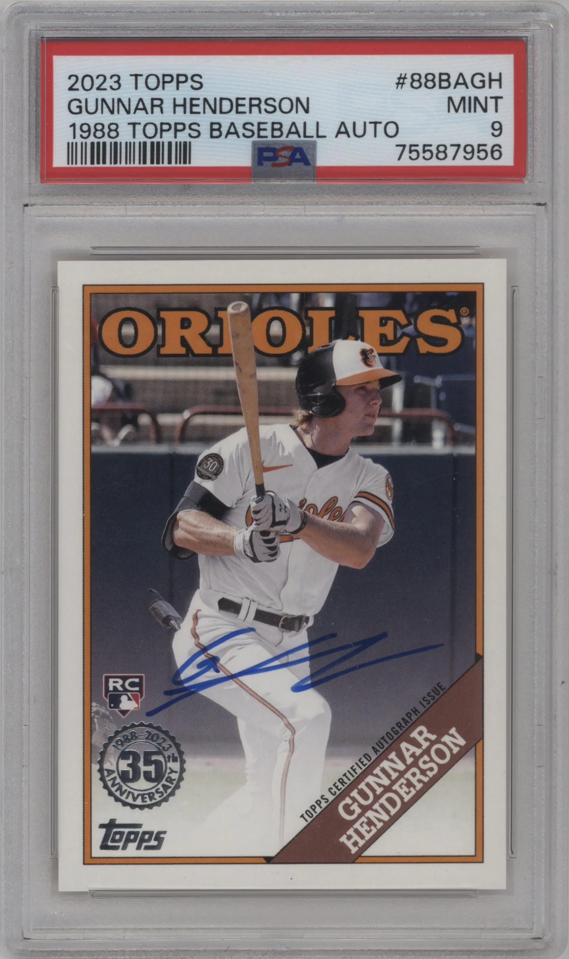 2023 Topps Series 1 1988 Topps Auto Gunnar Henderson PSA 9
