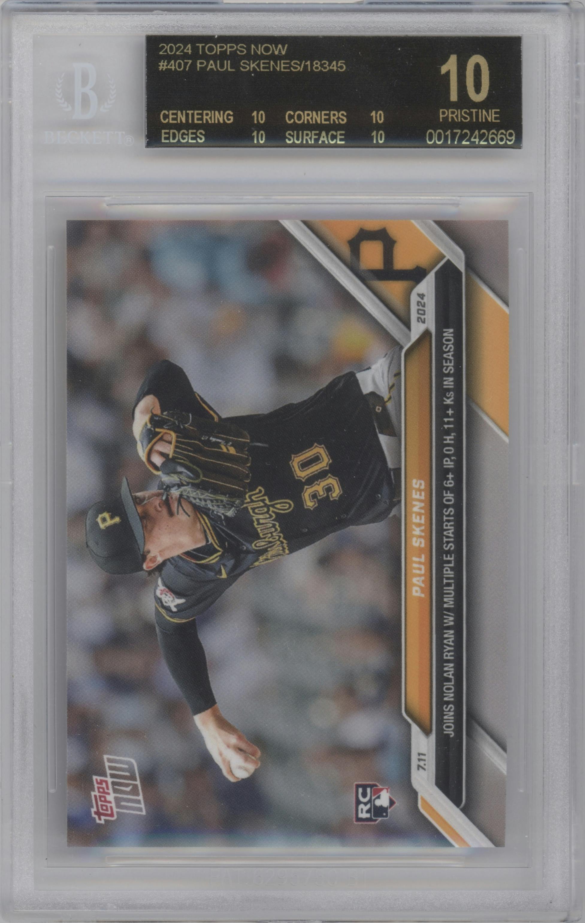 Paul Skenes from the 2024 Topps Now set graded by Beckett and given an overall grade of 10.