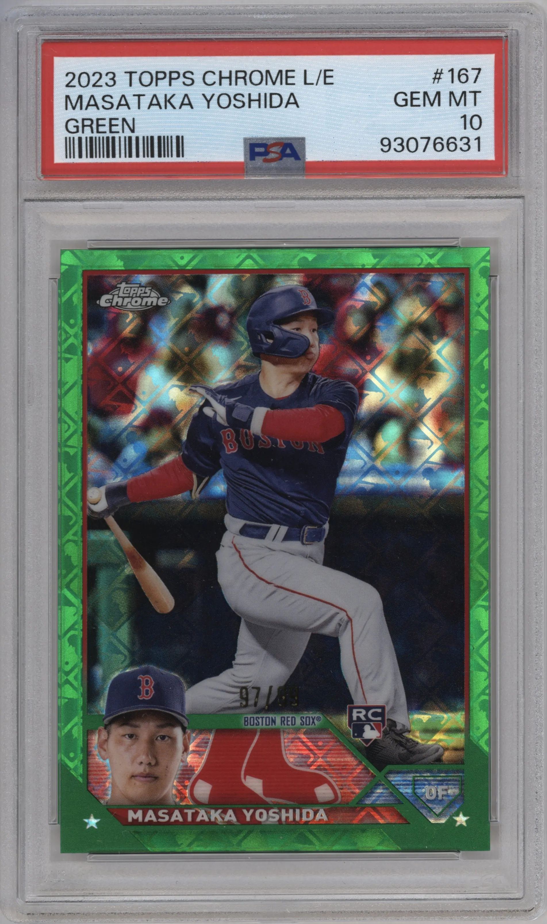 Masataka Yoshida from the 2023 Topps Chrome Logofractor Edition set featuring a Green Refractor parallel graded by PSA and given an overall grade of 10.