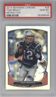 Tom Brady from the 2014 Bowman Chrome set featuring a Refractor parallel graded by PSA and given an overall grade of 10.