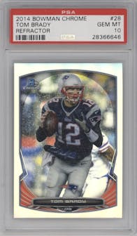 Tom Brady from the 2014 Bowman Chrome set featuring a Refractor parallel graded by PSA and given an overall grade of 10.