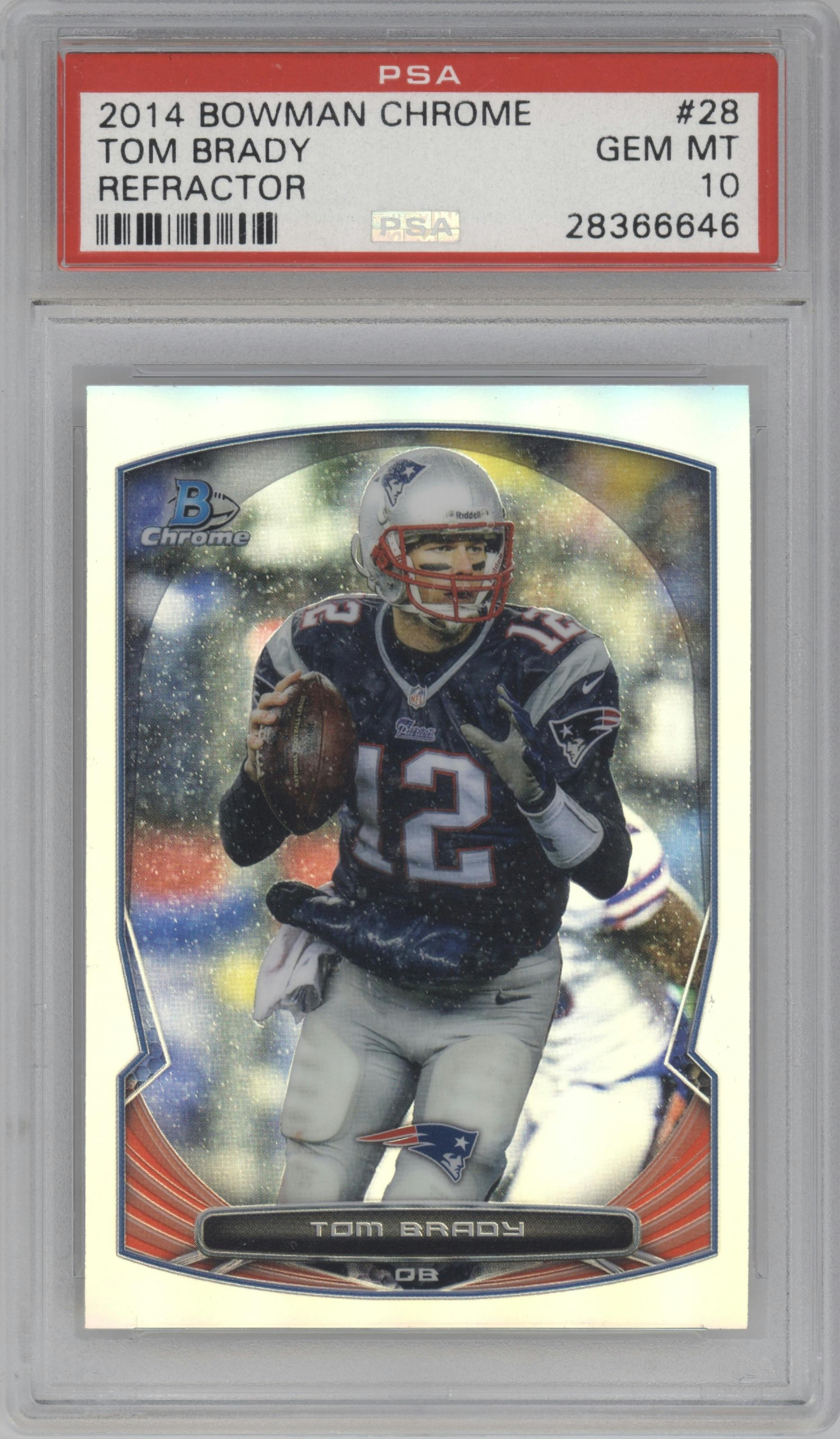 Tom Brady from the 2014 Bowman Chrome set featuring a Refractor parallel graded by PSA and given an overall grade of 10.