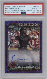 Elly De La Cruz from the 2024 Topps Chrome set featuring a Purple Speckle Refractor parallel graded by PSA and given an overall grade of 10.