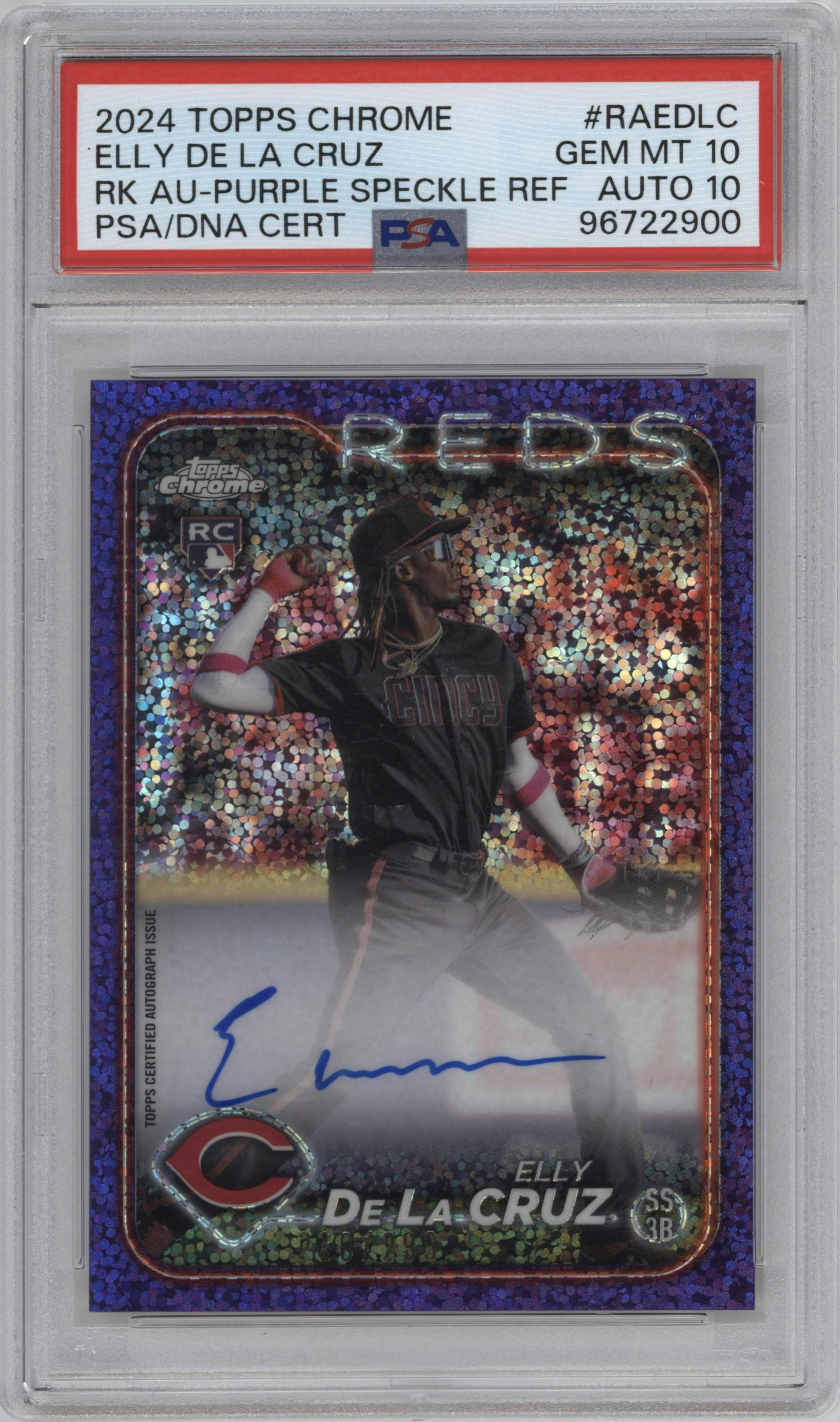 Elly De La Cruz from the 2024 Topps Chrome set featuring a Purple Speckle Refractor parallel graded by PSA and given an overall grade of 10.