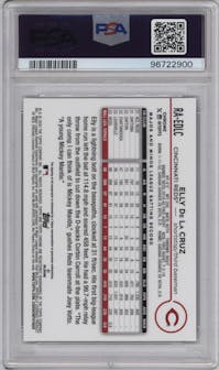 Elly De La Cruz from the 2024 Topps Chrome set featuring a Purple Speckle Refractor parallel graded by PSA and given an overall grade of 10.