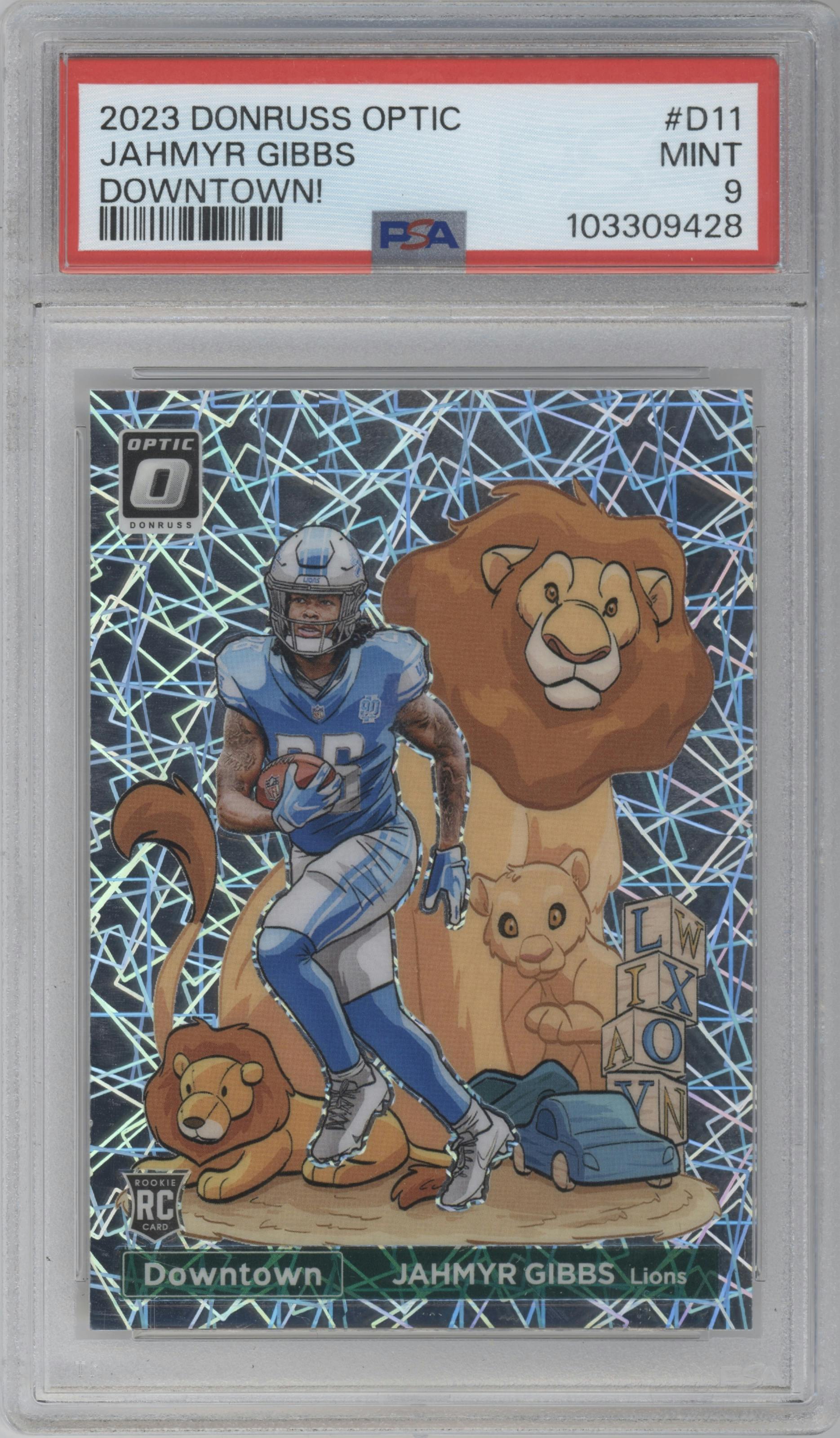 Jahmyr Gibbs from the 2023 Donruss Optic set graded by PSA and given an overall grade of 9.