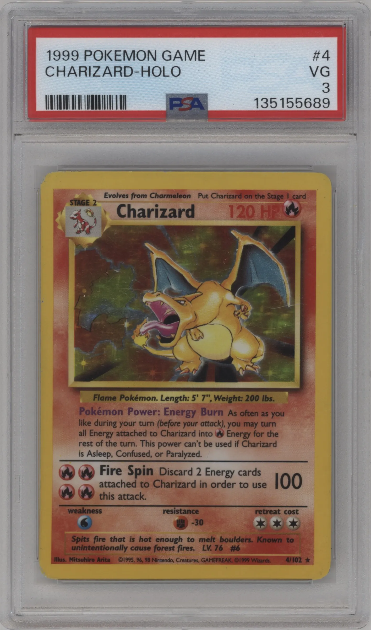 1999 Pokemon Base Set Charizard PSA VERY GOOD 3 #4 PSA 3