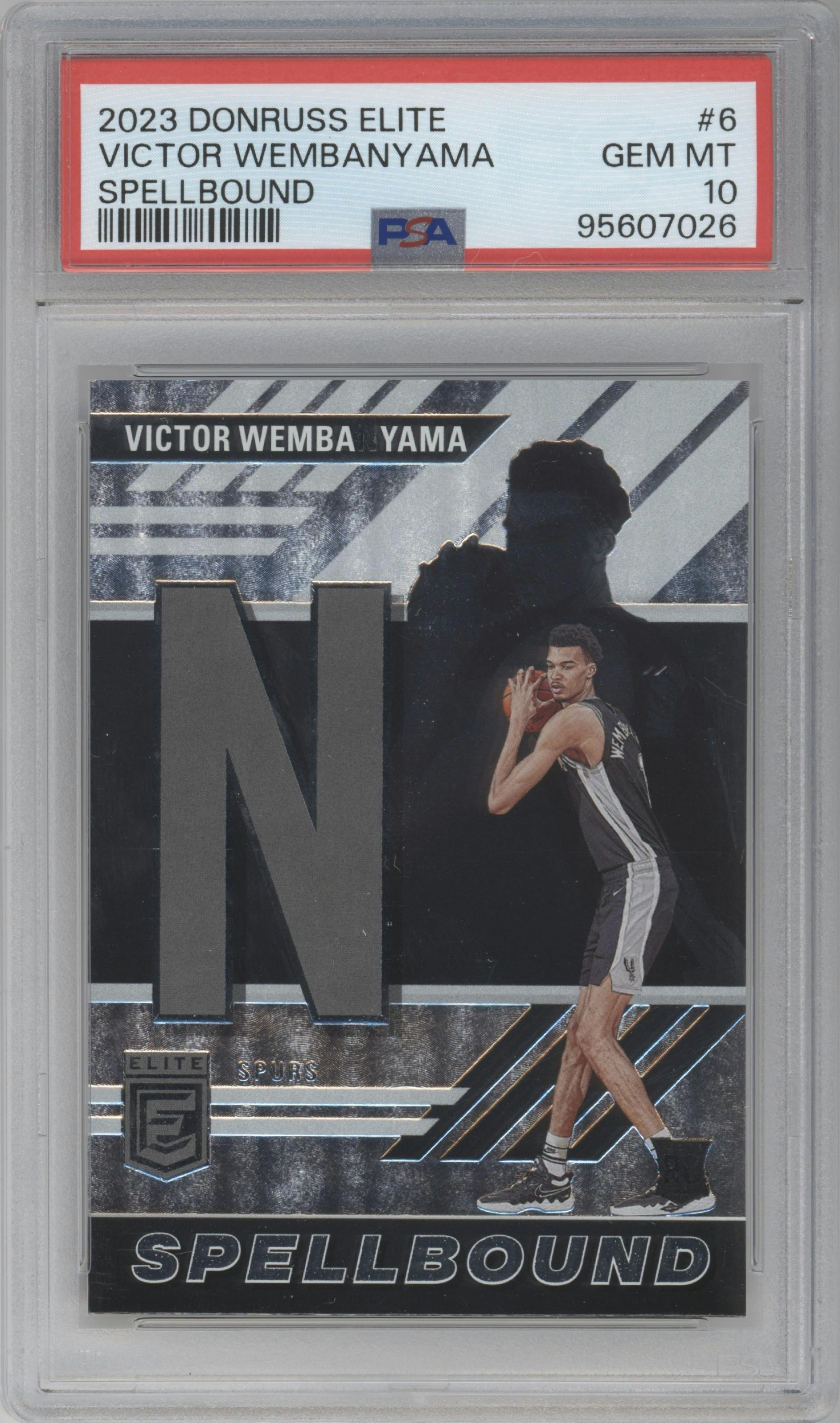 Victor Wembanyama from the 2023-24 Panini Donruss Elite set graded by PSA and given an overall grade of 10.