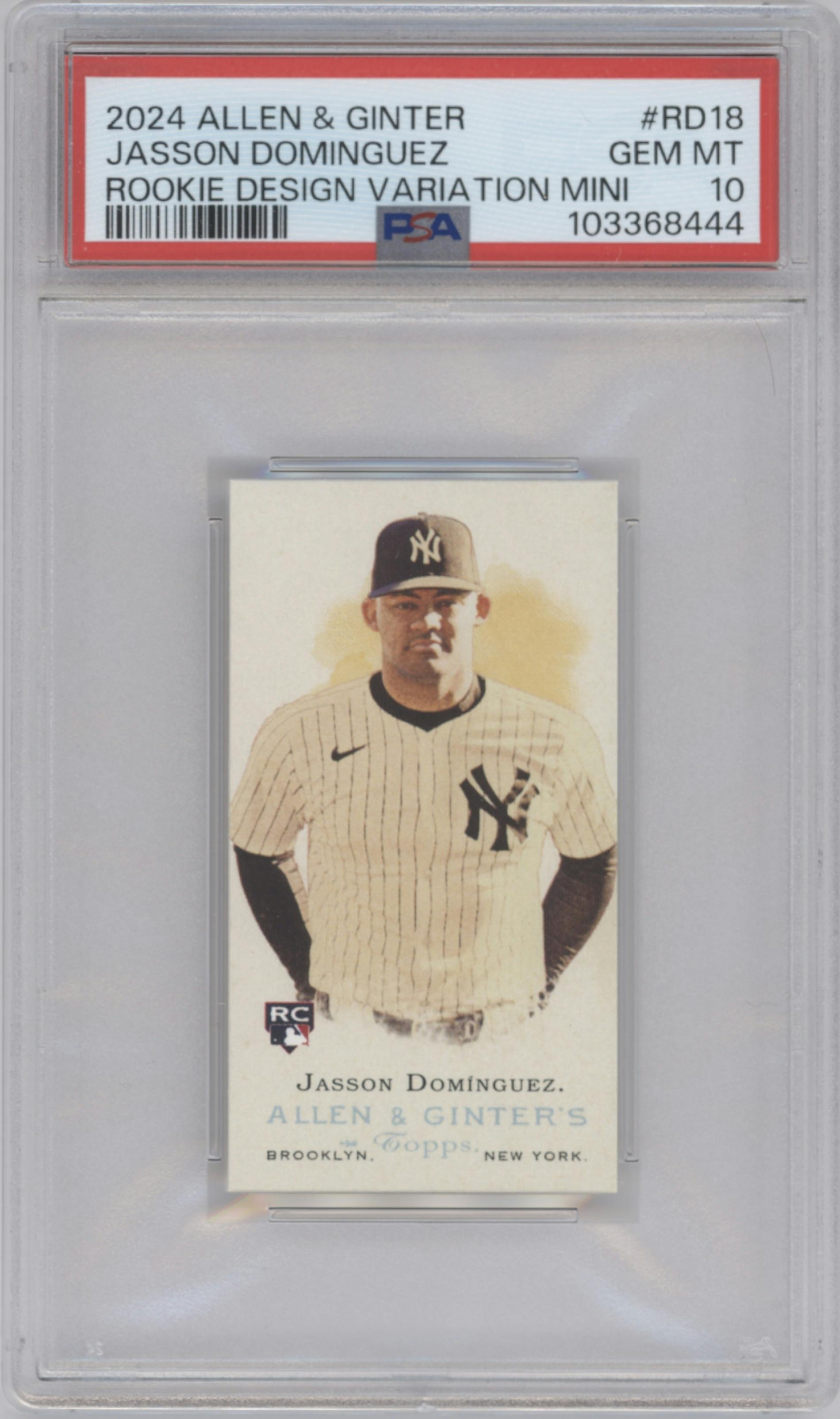 Jasson Dominguez from the 2024 Topps Allen & Ginter set graded by PSA and given an overall grade of 10.