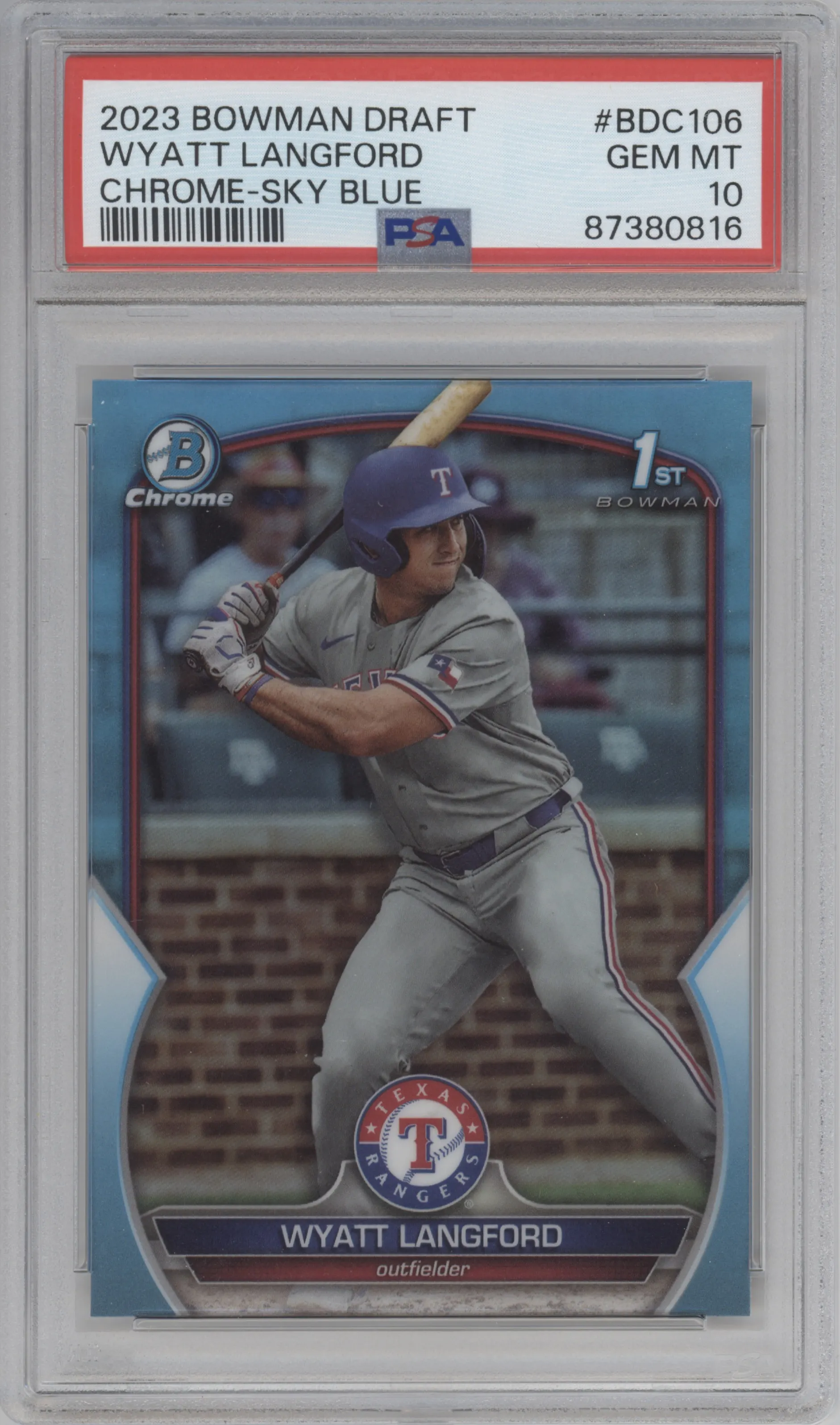 Wyatt Langford from the 2023 Bowman Draft set featuring a Sky Blue Refractor parallel graded by PSA and given an overall grade of 10.