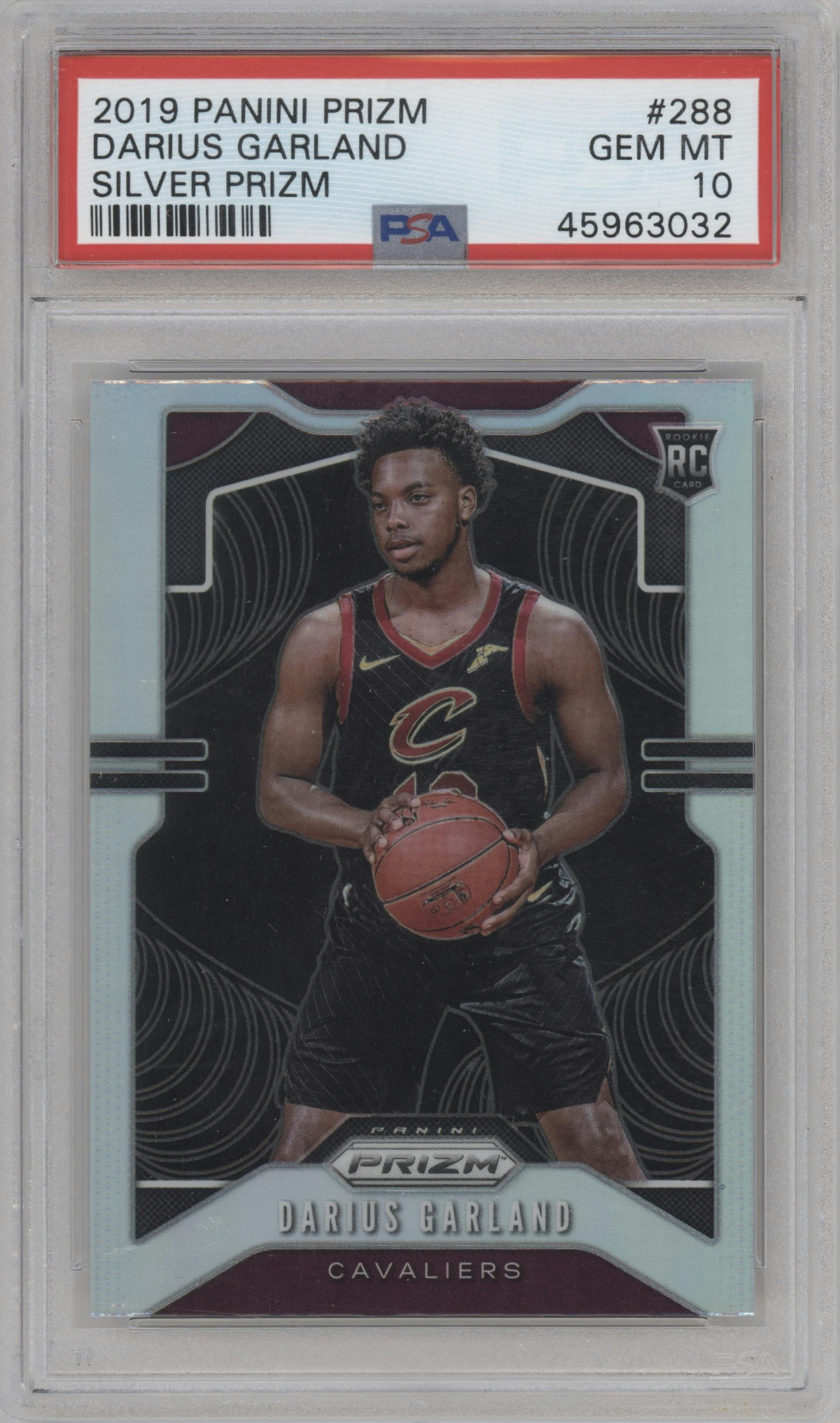 Darius Garland from the 2019-20 Panini Prizm set featuring a Silver Prizm parallel graded by PSA and given an overall grade of 10.