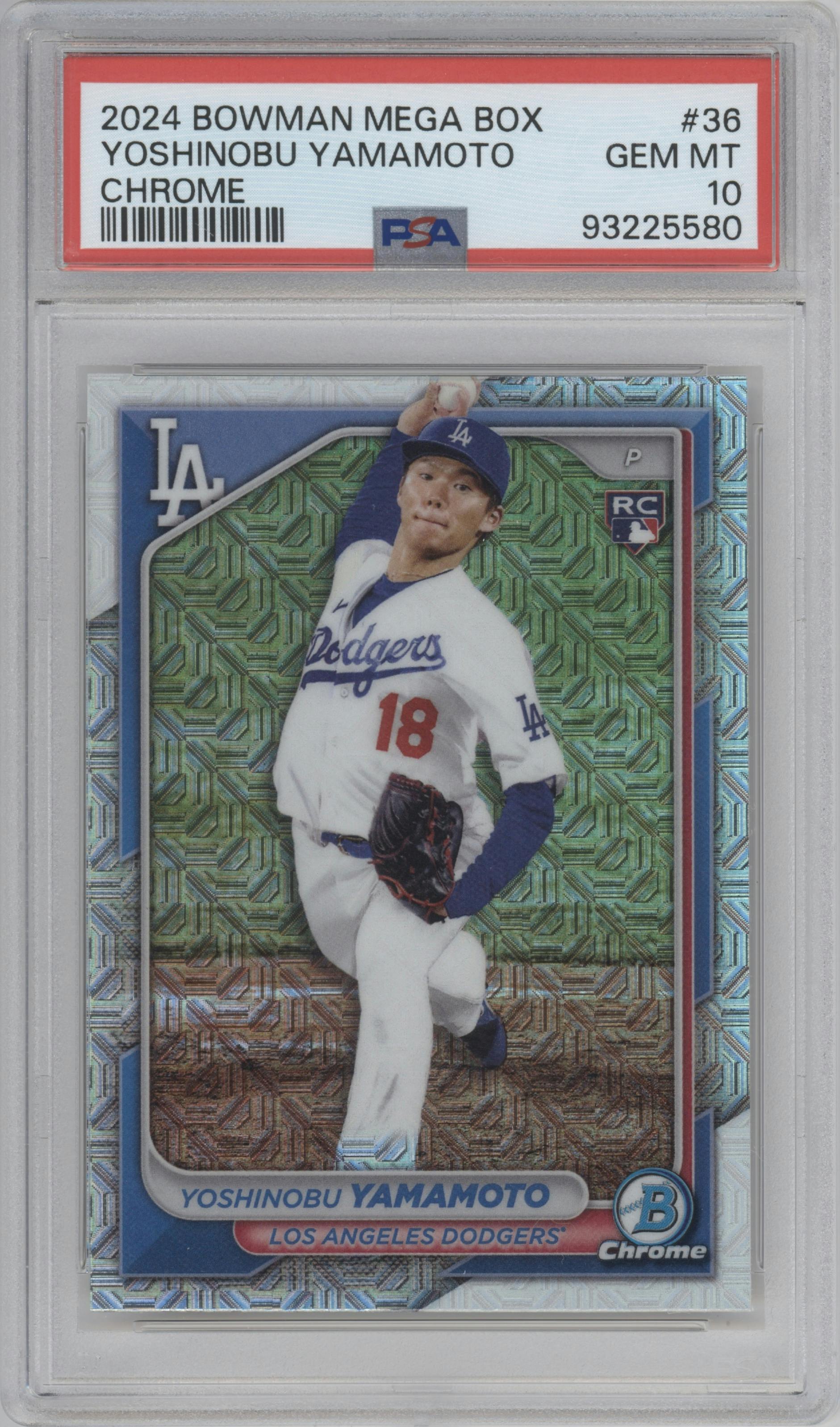 Yoshinobu Yamamoto from the 2024 Bowman Mega Box set graded by PSA and given an overall grade of 10.