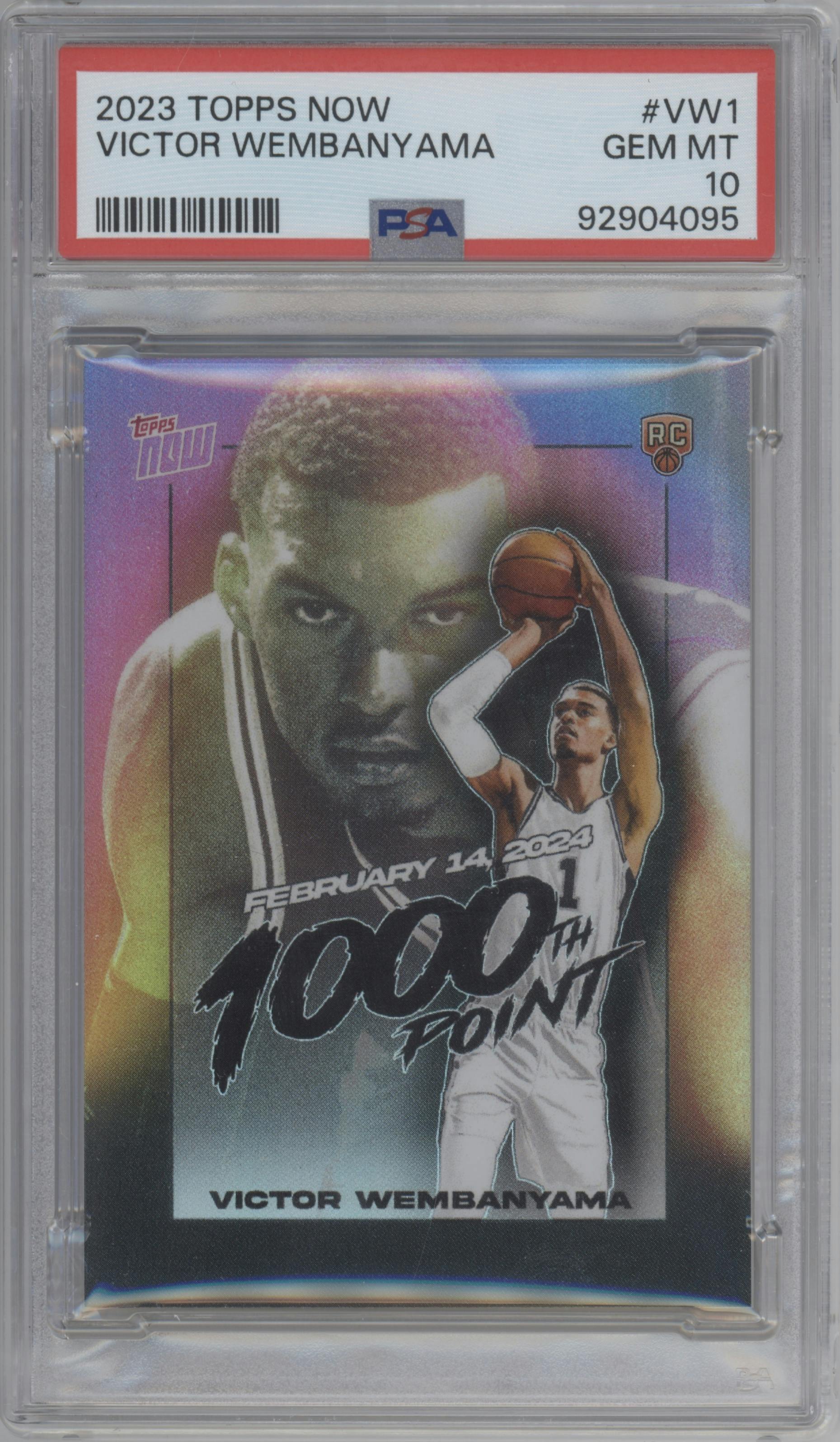 Victor Wembanyama from the 2023 Topps Now
 set graded by PSA and given an overall grade of 10.