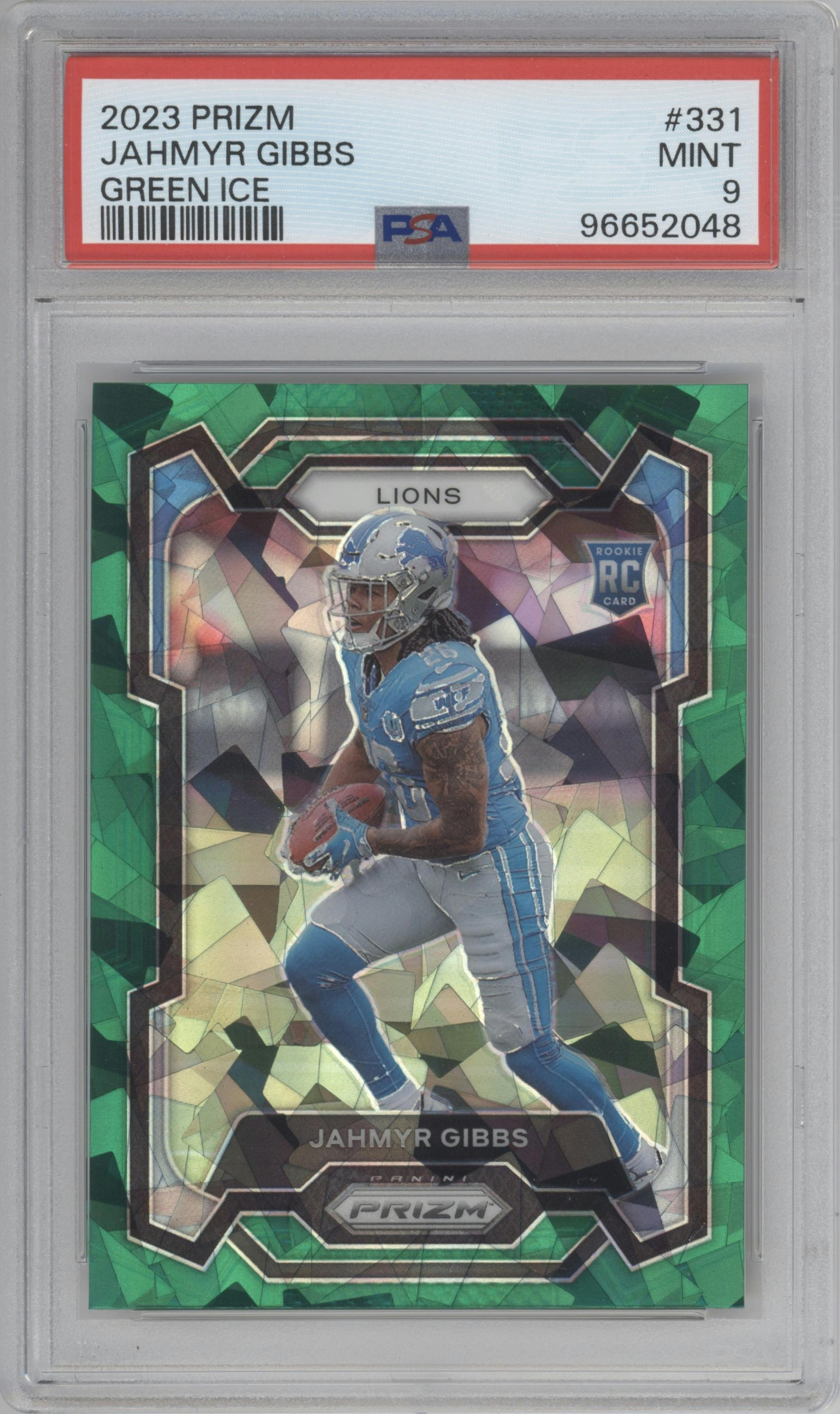 Jahmyr Gibbs from the 2023 Panini Prizm set featuring a Green Ice parallel graded by PSA and given an overall grade of 9.