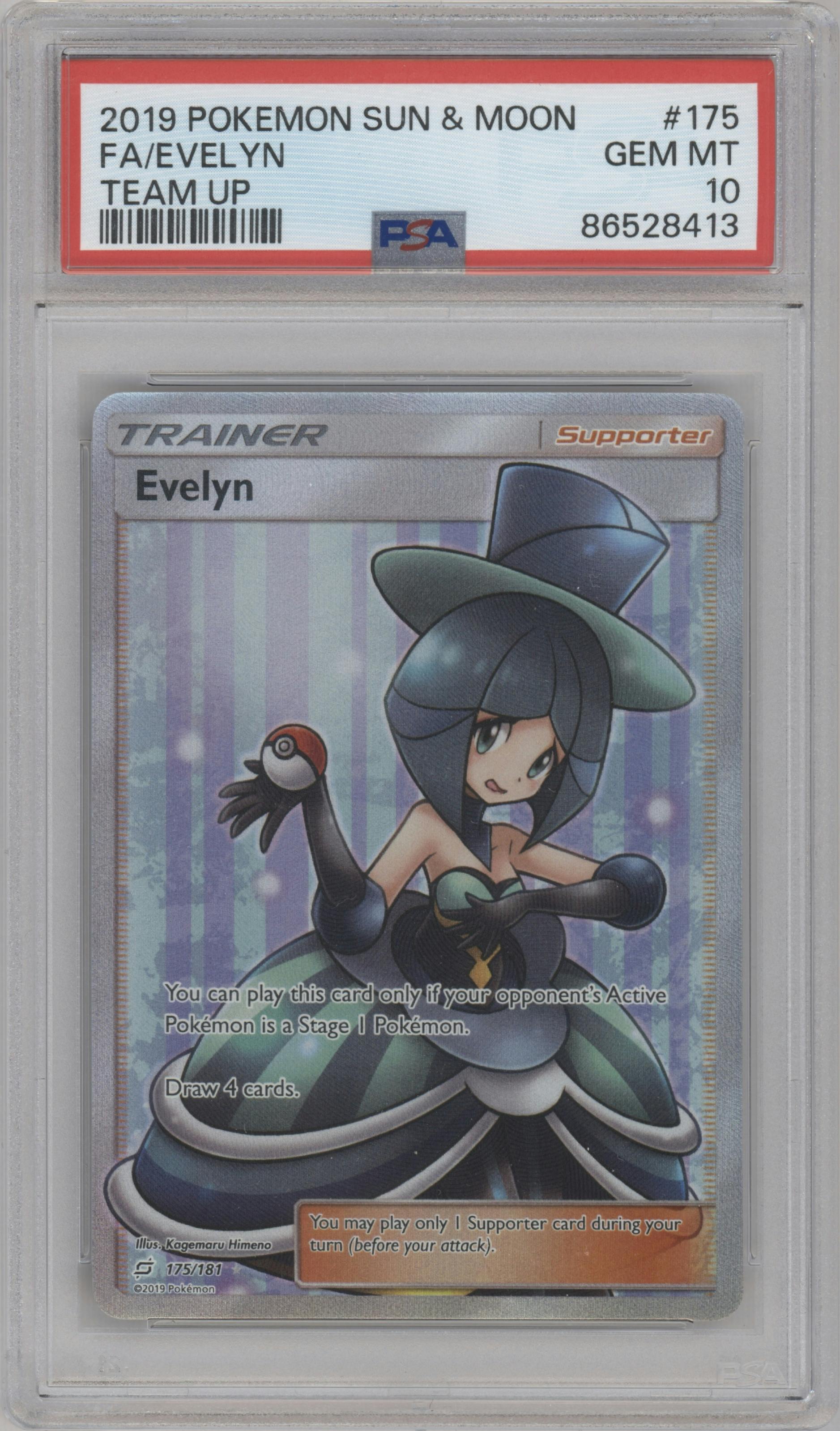 Evelyn from the 2019 Pokemon S&M  set graded by PSA and given an overall grade of 10.