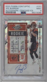 Joe Burrow from the 2020 Panini Contenders Optic set featuring a Cracked Ice parallel graded by PSA and given an overall grade of 9.