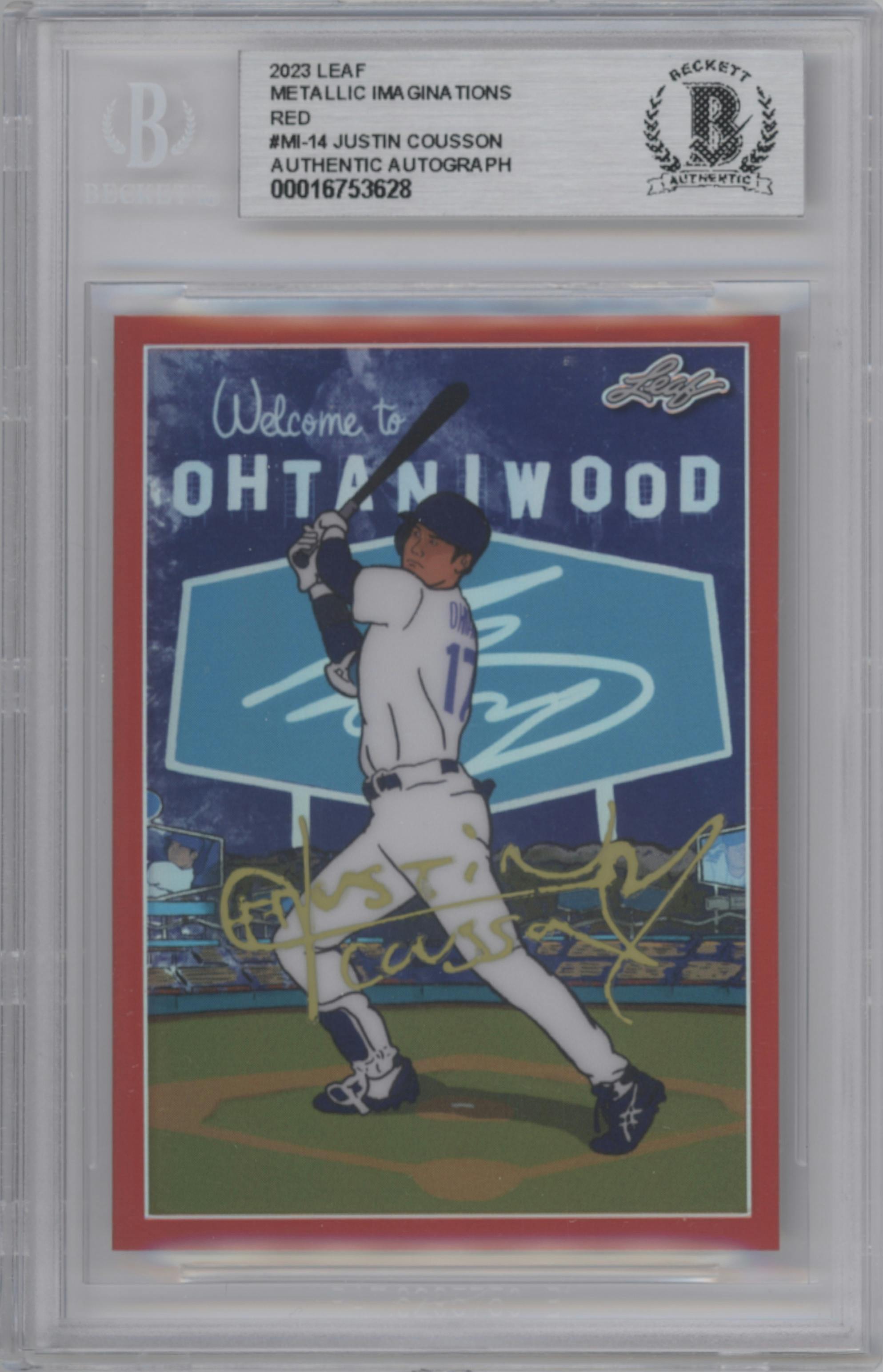 Shohei Ohtani from the 2024 Leaf Metallic Imaginations set featuring a Red Witnessed Auto parallel graded by Beckett.