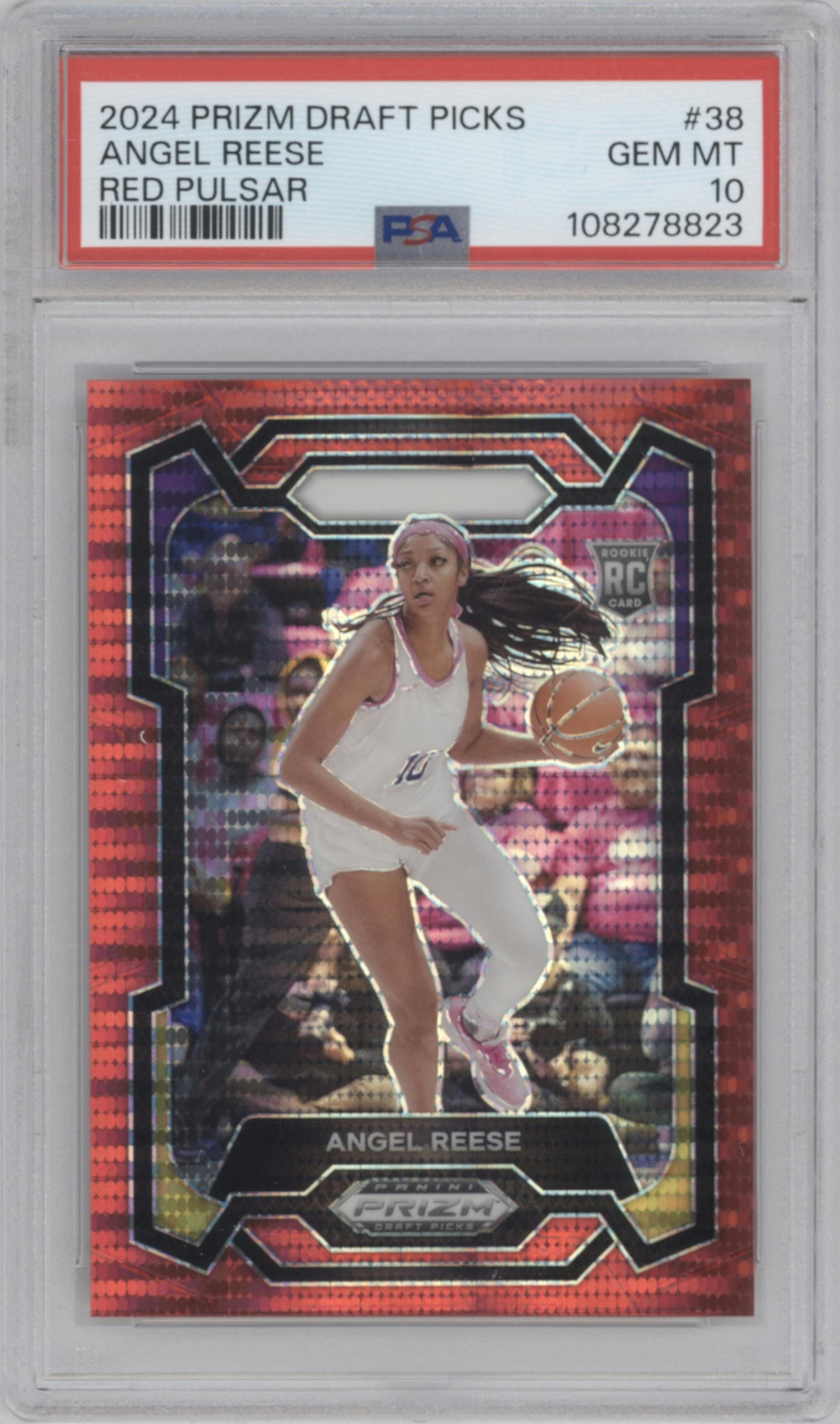 Angel Reese from the 2024 Panini Prizm Draft Picks set featuring a Red Pulsar Prizm parallel graded by PSA and given an overall grade of 10.