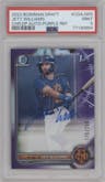 Jett Williams  from the 2022 Bowman Draft set featuring a Purple Refractor parallel graded by PSA and given an overall grade of 9.