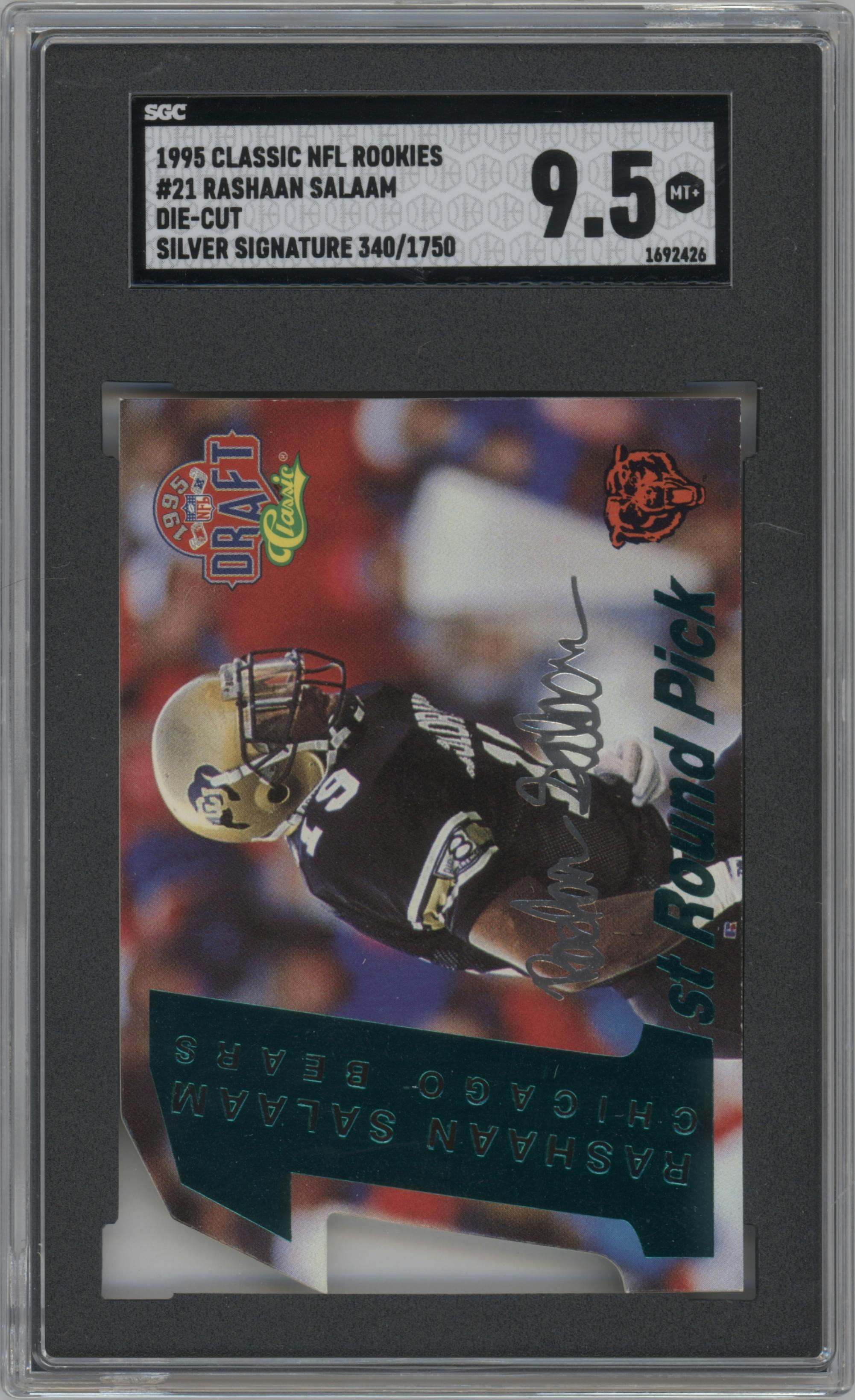 Rashaan Salaam from the 1995 Classic NFL Rookies set featuring a Die Cuts Silver Signatures parallel graded by SGC and given an overall grade of 9.5.