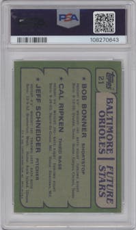 Bob Bonner/Cal Ripken/Jeff Schneider from the 1982 Topps set graded by PSA and given an overall grade of 9.