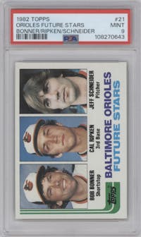 Bob Bonner/Cal Ripken/Jeff Schneider from the 1982 Topps set graded by PSA and given an overall grade of 9.