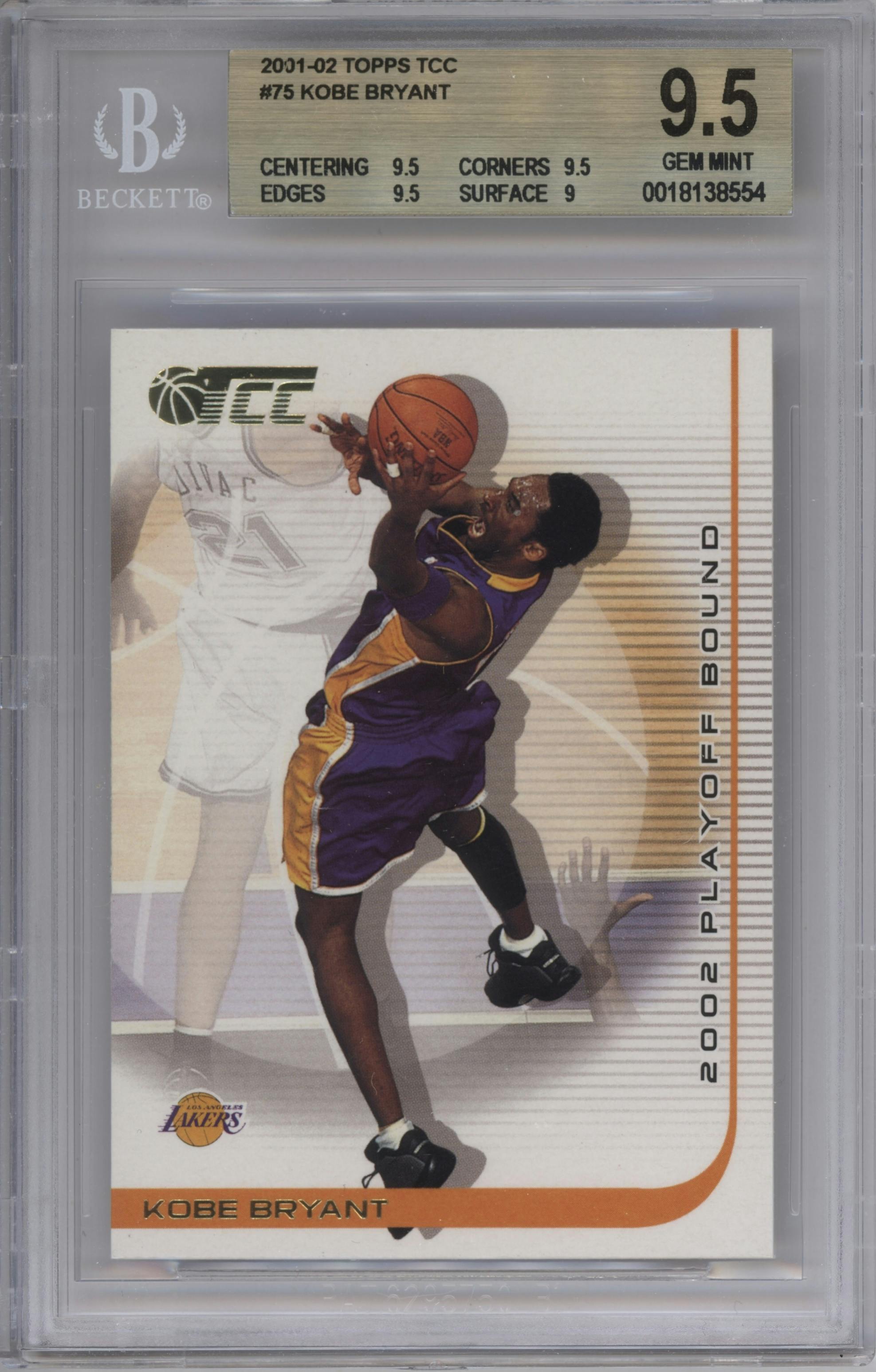 Kobe Bryant from the 2001-02 Topps TCC set graded by Beckett and given an overall grade of 9.5.