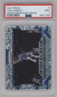 Luka Doncic from the 2021-22 Panini Prizm  set featuring a Fast Break parallel graded by PSA and given an overall grade of 9.