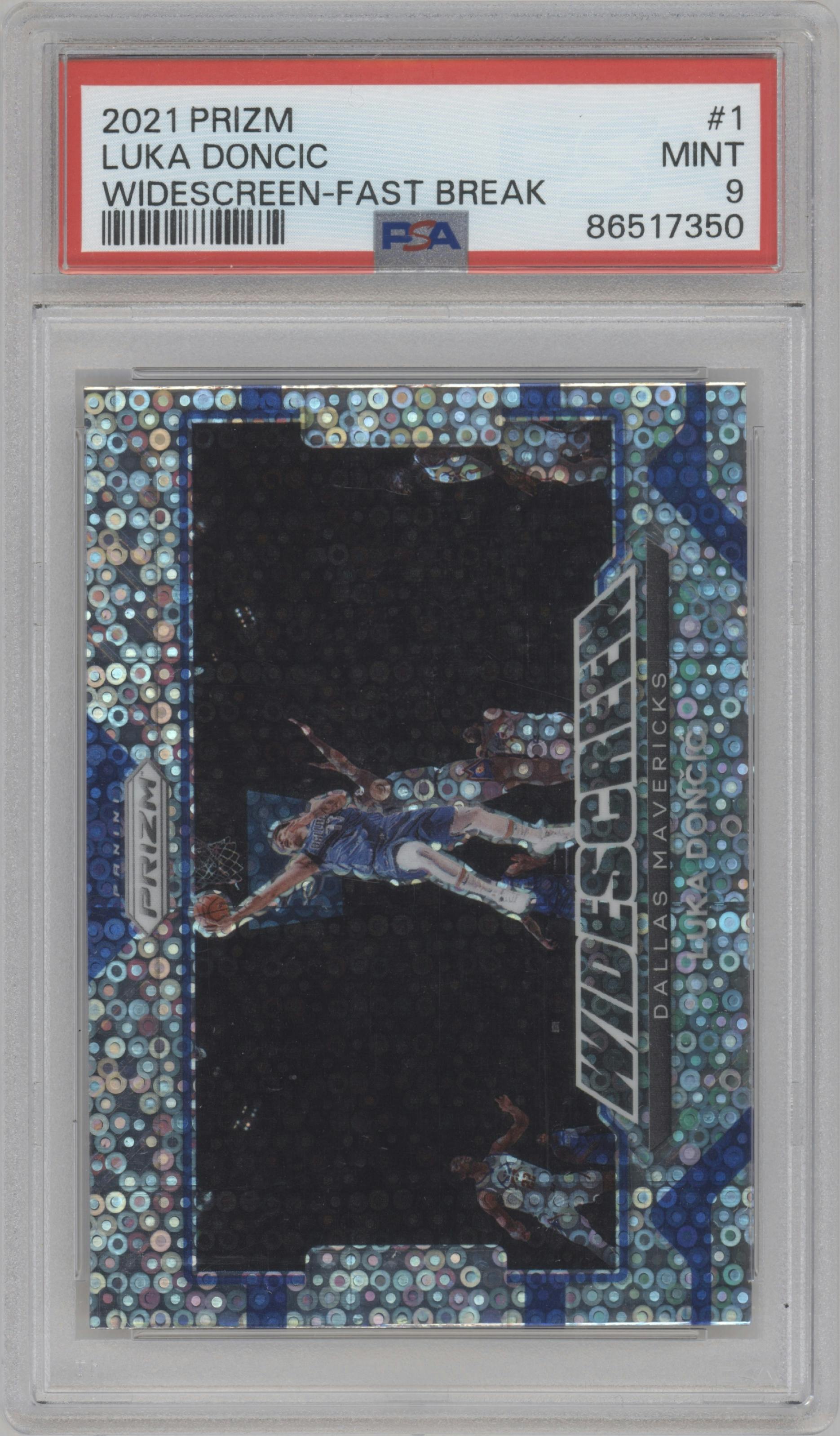Luka Doncic from the 2021-22 Panini Prizm  set featuring a Fast Break parallel graded by PSA and given an overall grade of 9.