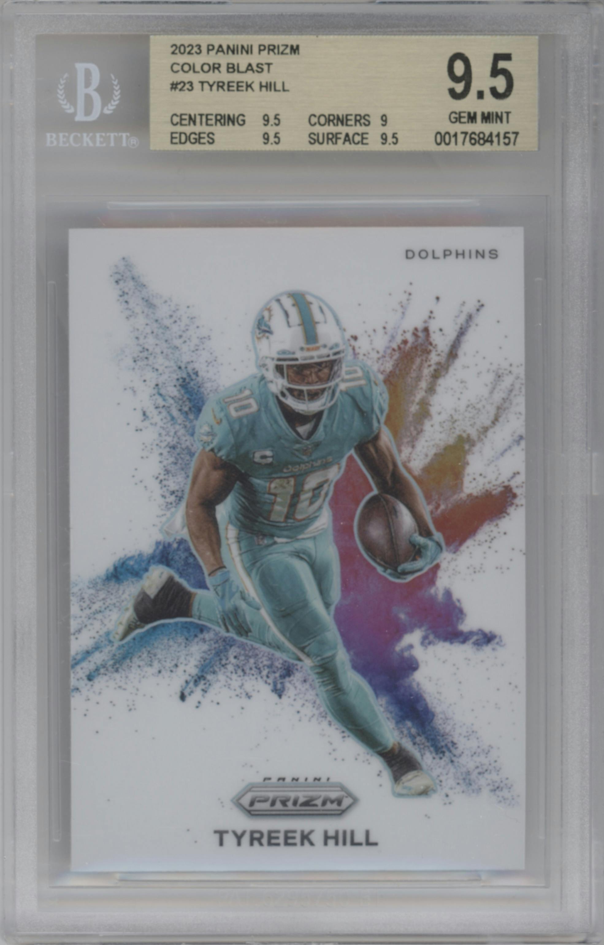 Tyreek Hill from the 2023 Panini Prizm set graded by Beckett and given an overall grade of 9.5.