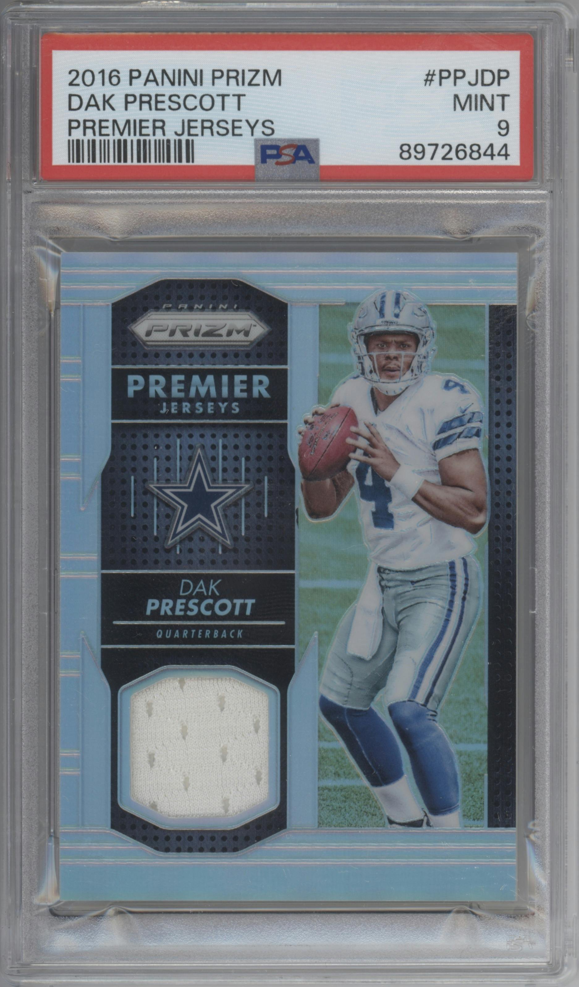 Dak Prescott from the 2016 Panini Prizm set graded by PSA and given an overall grade of 9.
