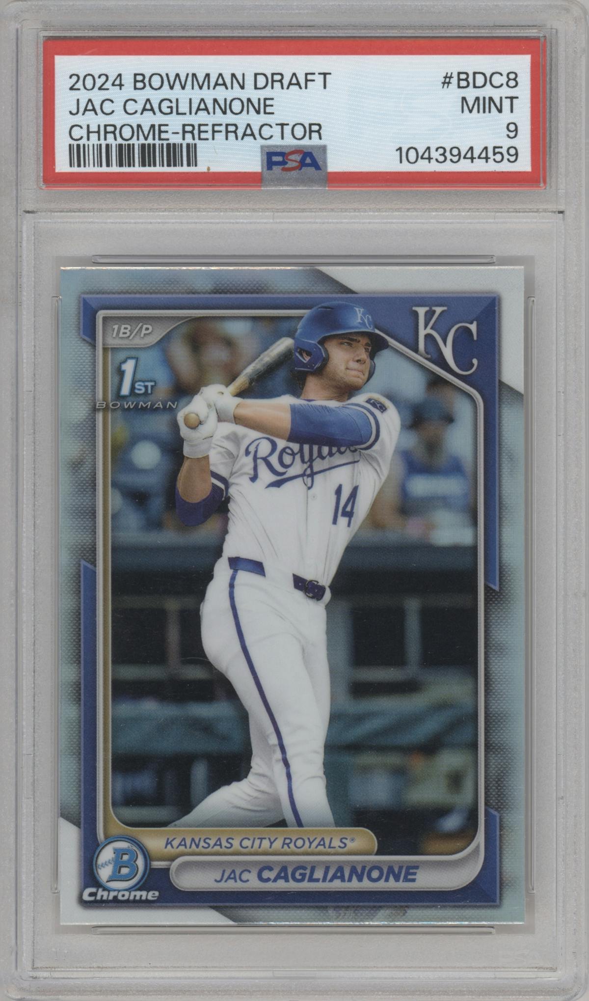 Jac Caglianone from the 2024 Bowman Draft set featuring a Refractor parallel graded by PSA and given an overall grade of 9.