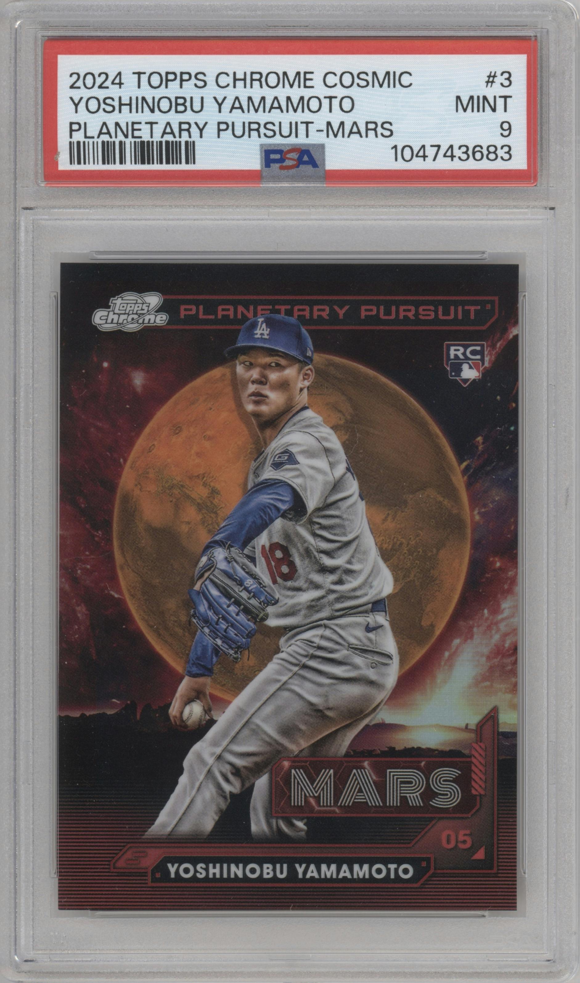 Yoshinobu Yamamoto from the 2024 Topps Cosmic Chrome set graded by PSA and given an overall grade of 9.