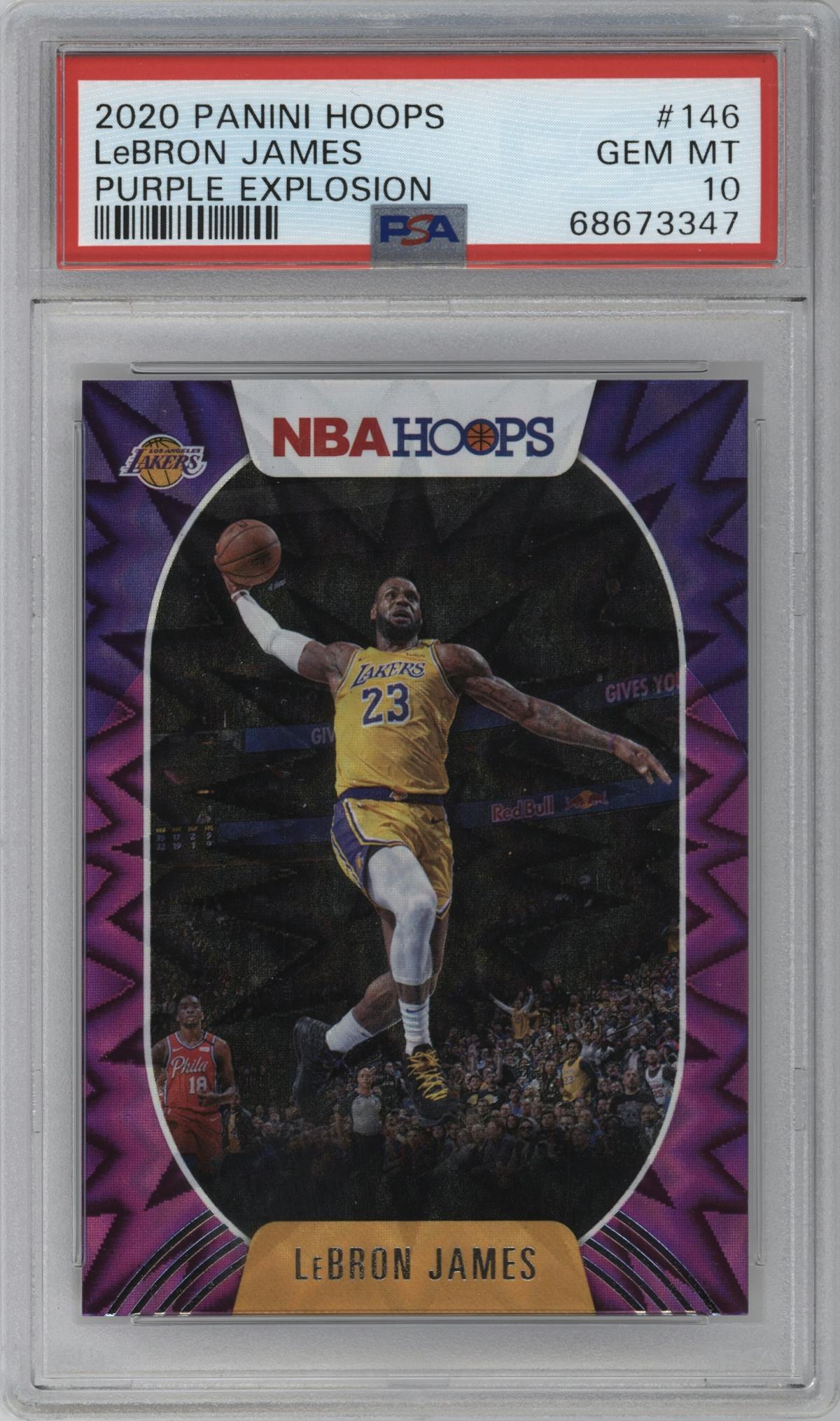 LeBron James from the 2020-21 Panini NBA Hoops set featuring a Purple Explosion parallel graded by PSA and given an overall grade of 10.